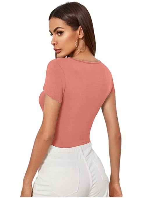 Women Short Sleeves Rose Peach Crop Top - Image 2