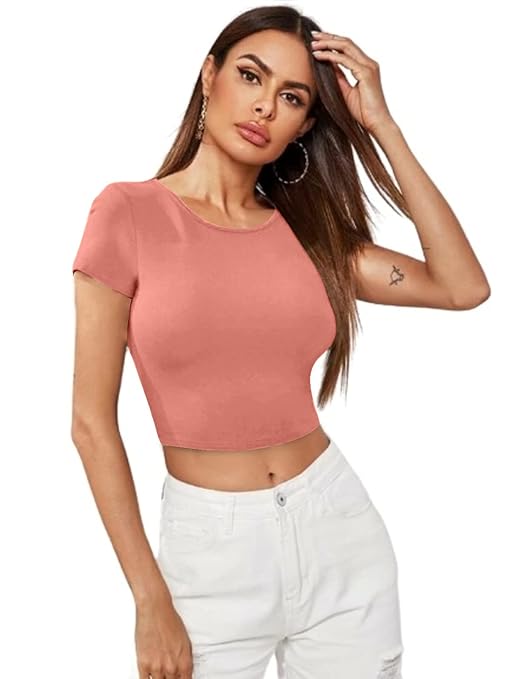 Women Short Sleeves Rose Peach Crop Top