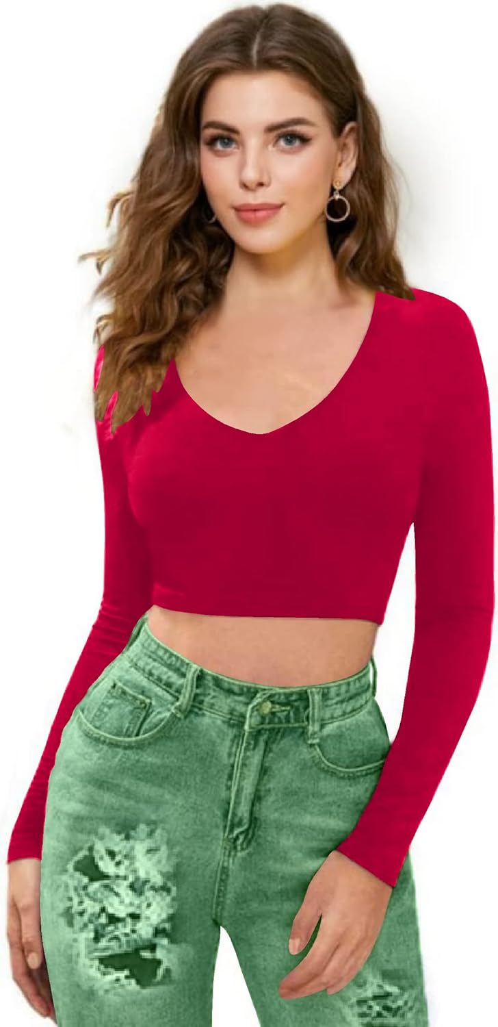 Women V-Neck Pink Crop Top