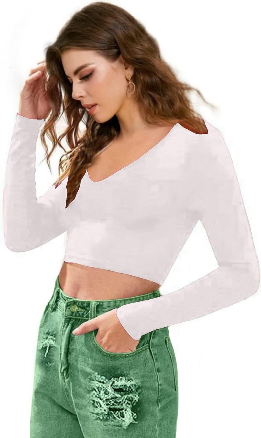 Women V-Neck White Crop Top - Image 3