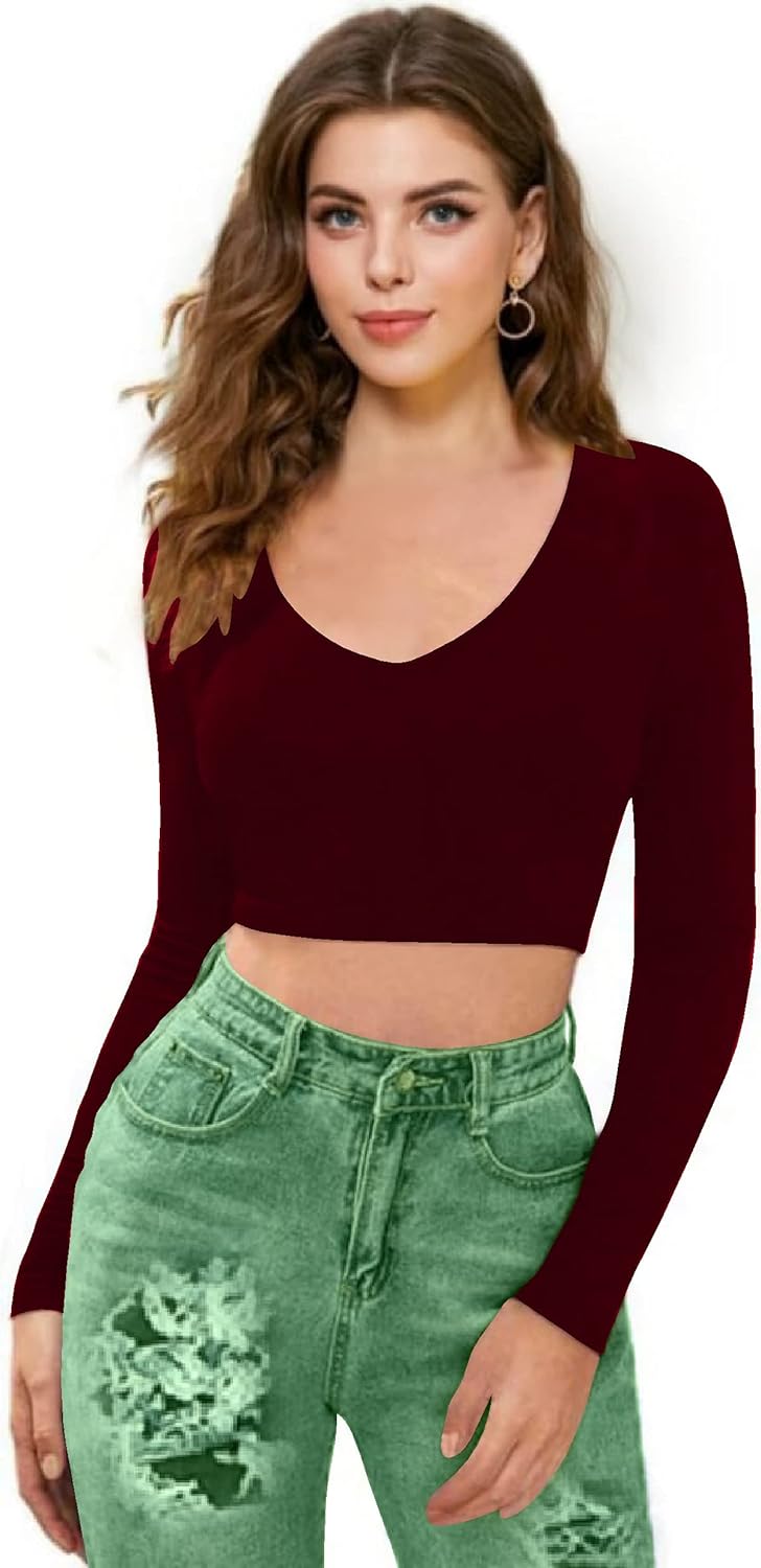 Women V-Neck Maroon Crop Top - Image 3