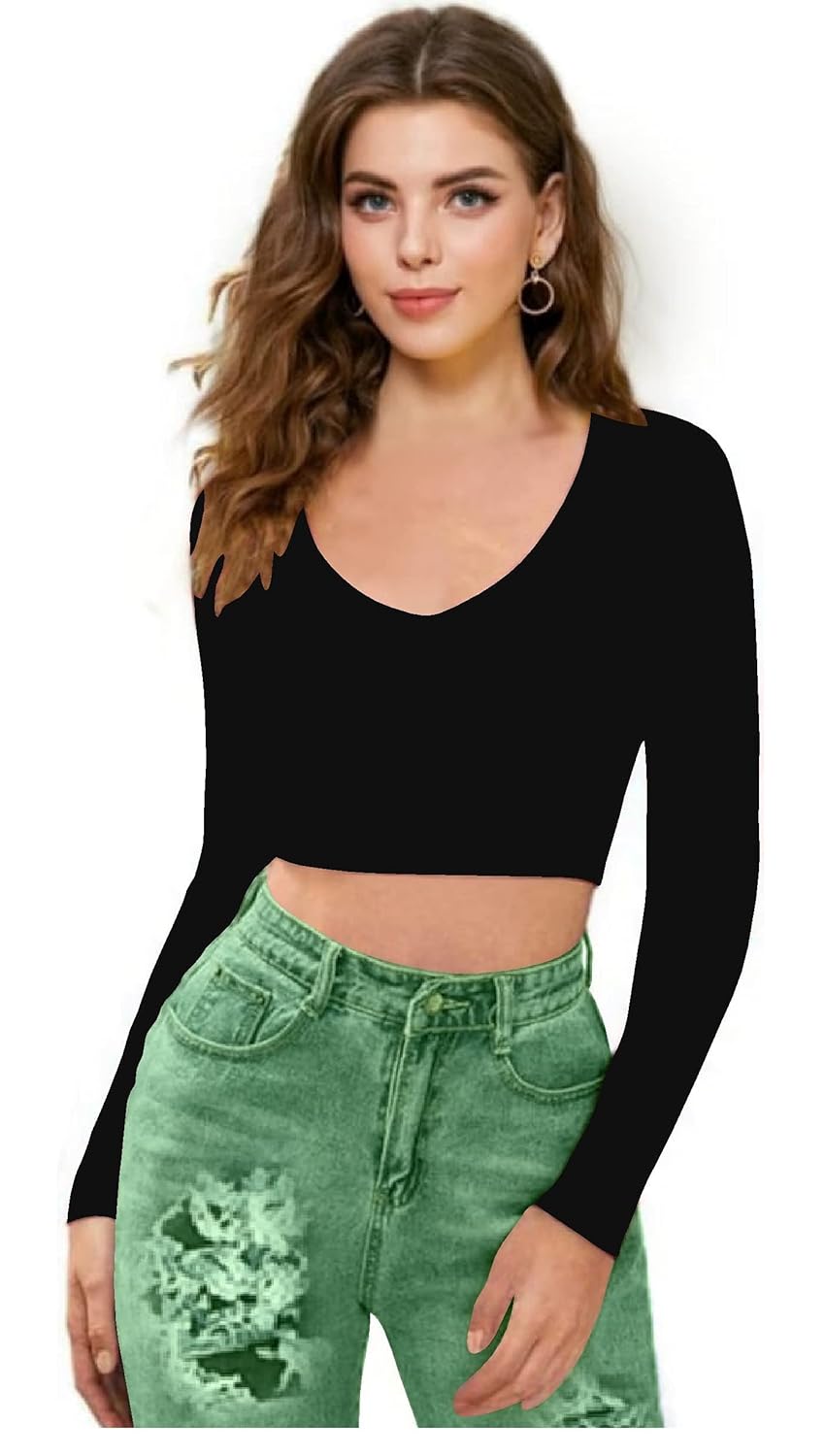 Women V-Neck Black Crop Top