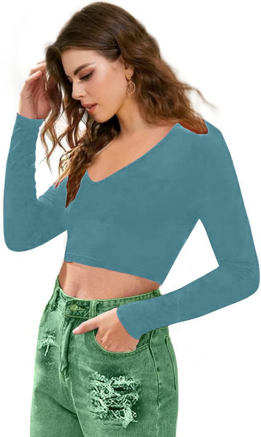 Women V-Neck Blue Crop Top - Image 3