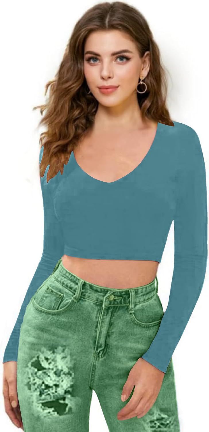 Women V-Neck Blue Crop Top