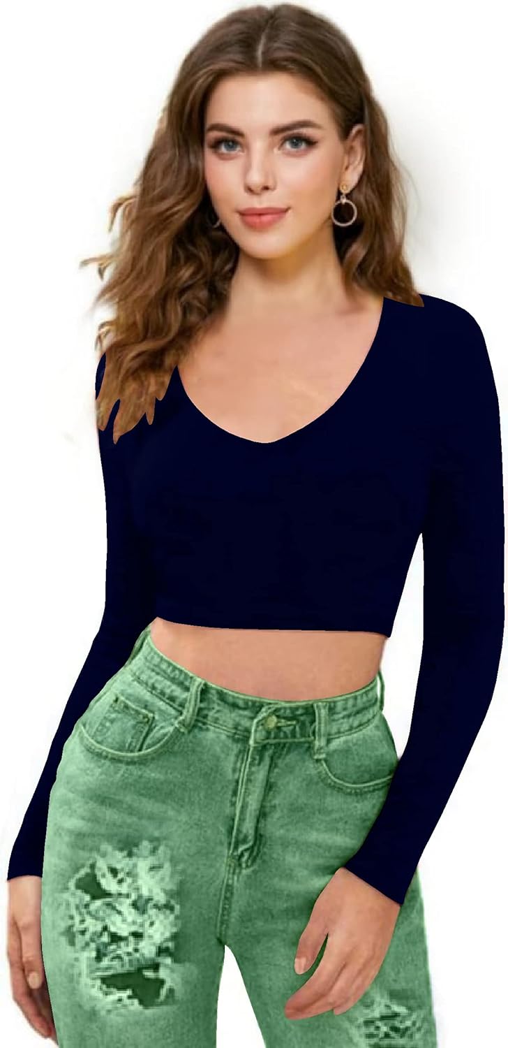 Women V-Neck Navy Blue Crop Top