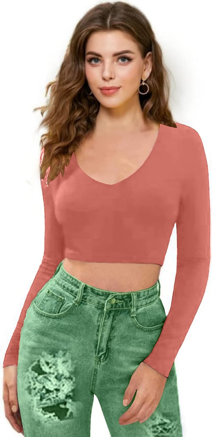 Women V-Neck Rose Peach Crop Top