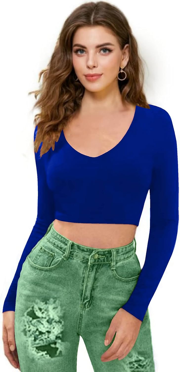 Women V-Neck Royal Blue Crop Top