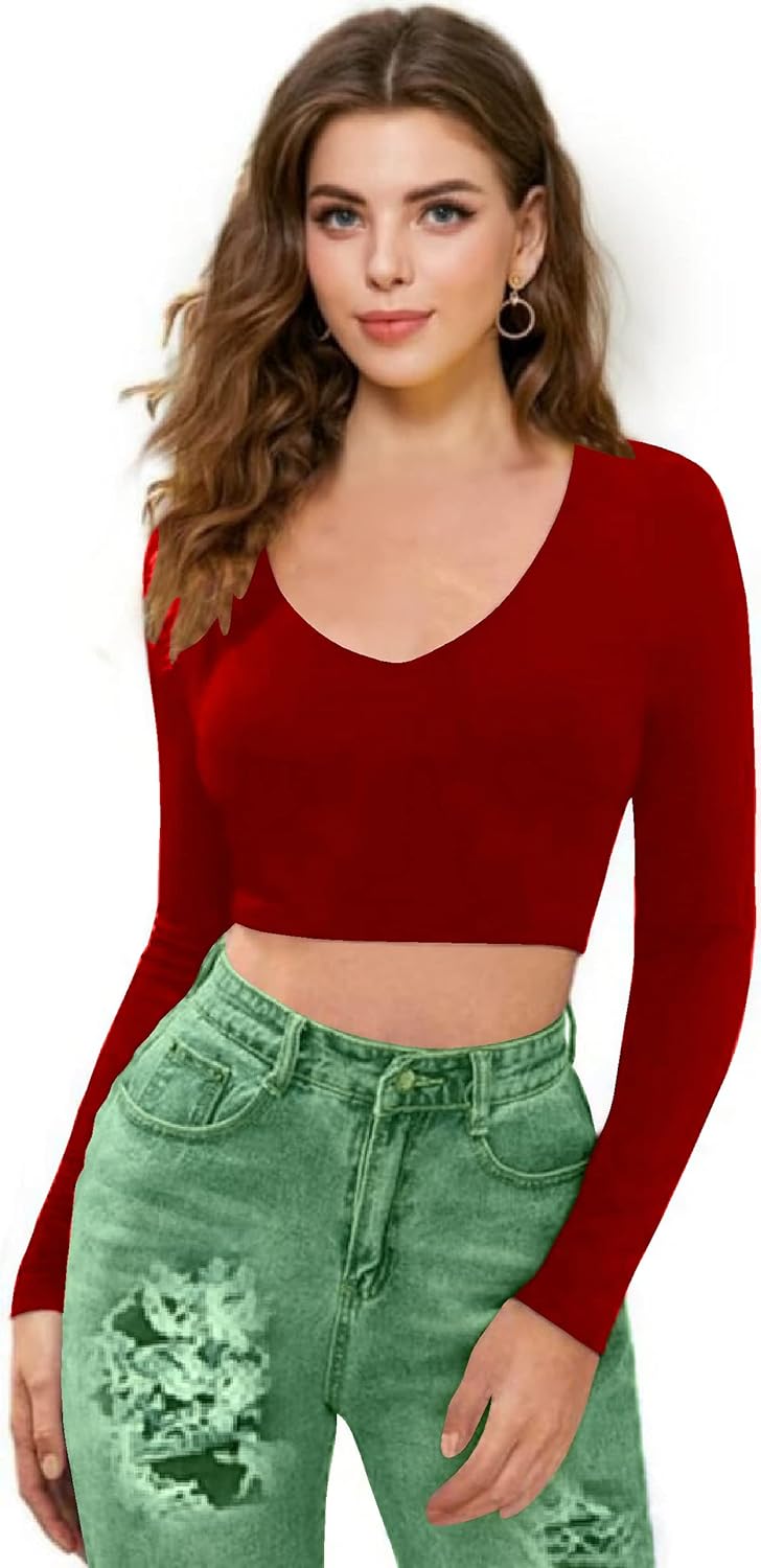 Women V-Neck Red Crop Top