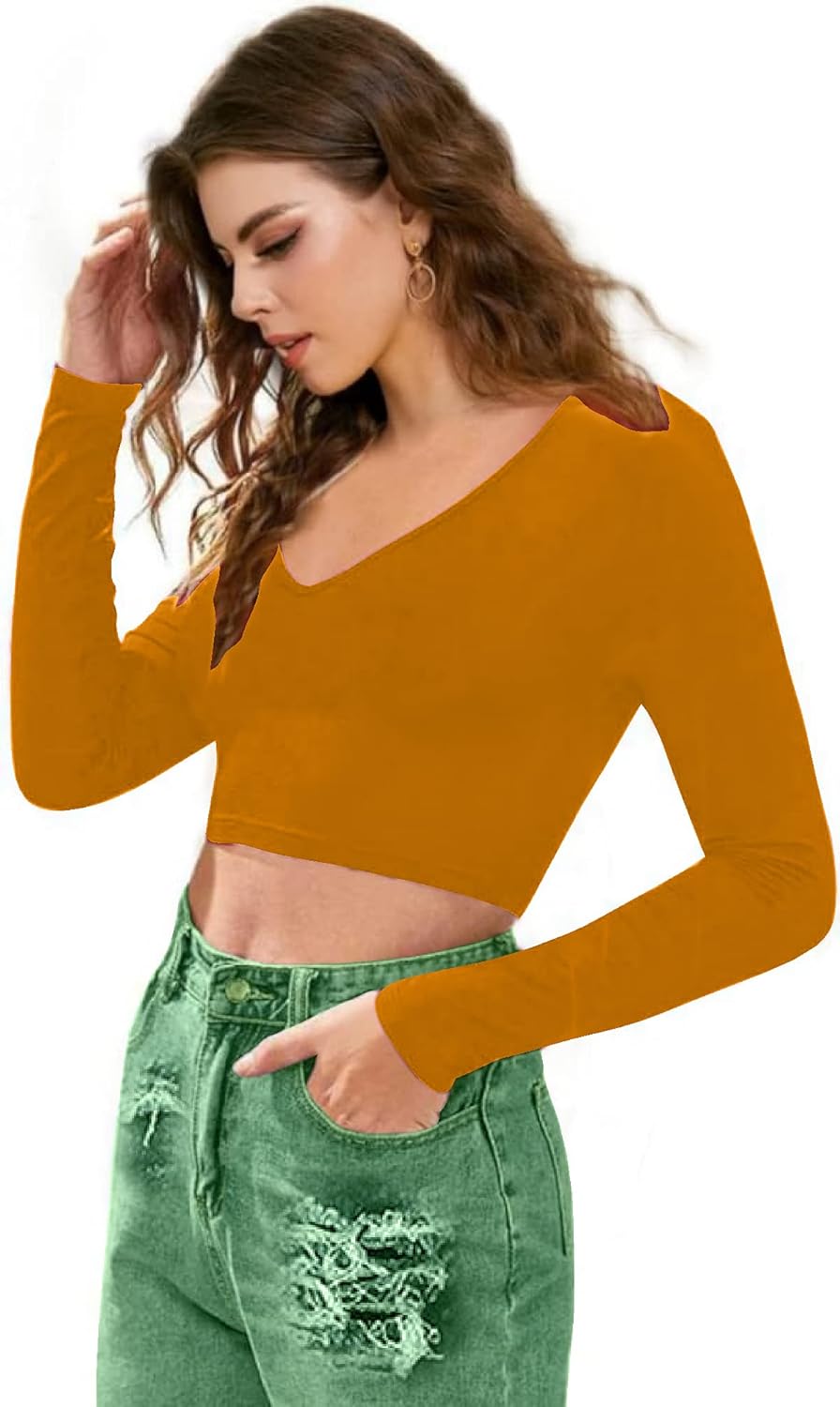 Women V-Neck Mustard Yellow Crop Top - Image 3