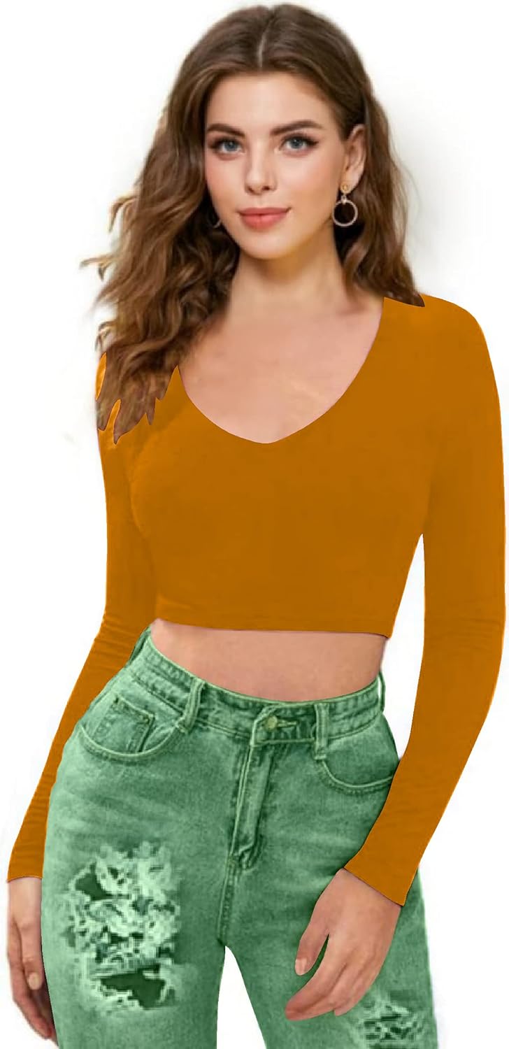 Women V-Neck Mustard Yellow Crop Top