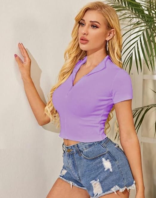 Women Collar V-Neck Lavender Crop Top - Image 3