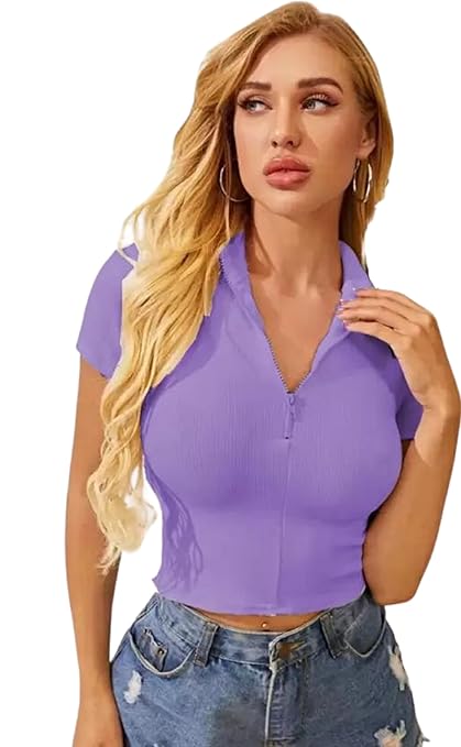 Women Collar V-Neck Lavender Crop Top