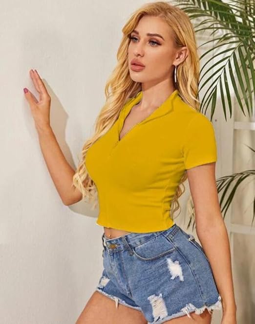 Women Collar V-Neck Mustard Yellow Crop Top - Image 3
