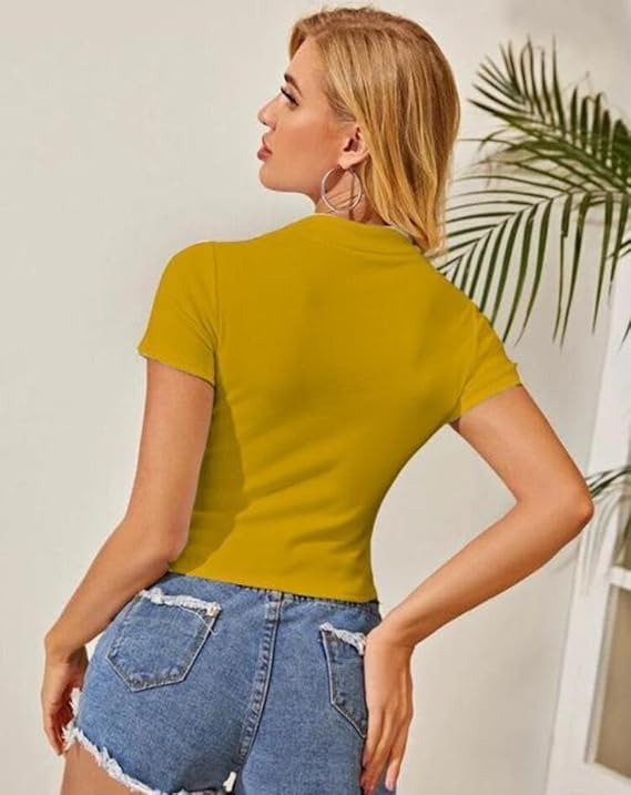 Women Collar V-Neck Mustard Yellow Crop Top - Image 2