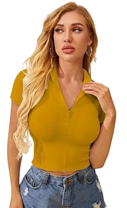 Women Collar V-Neck Mustard Yellow Crop Top