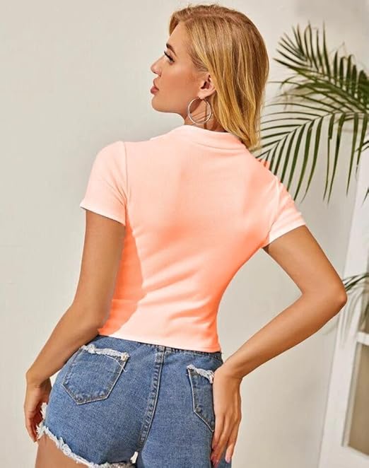 Women Collar V-Neck Peach Crop Top - Image 2