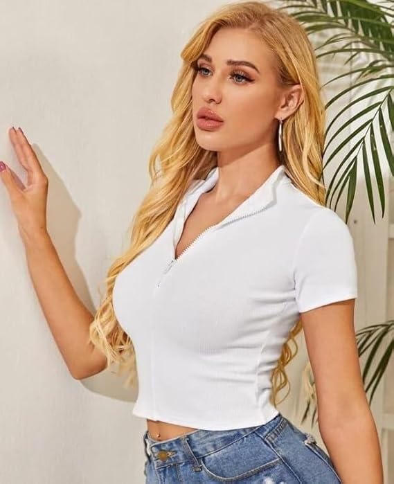 Women Collar V-Neck White Crop Top - Image 3