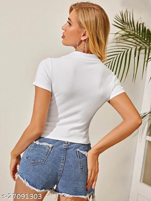 Women Collar V-Neck White Crop Top - Image 2