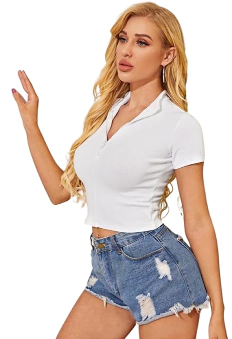 Women Collar V-Neck White Crop Top