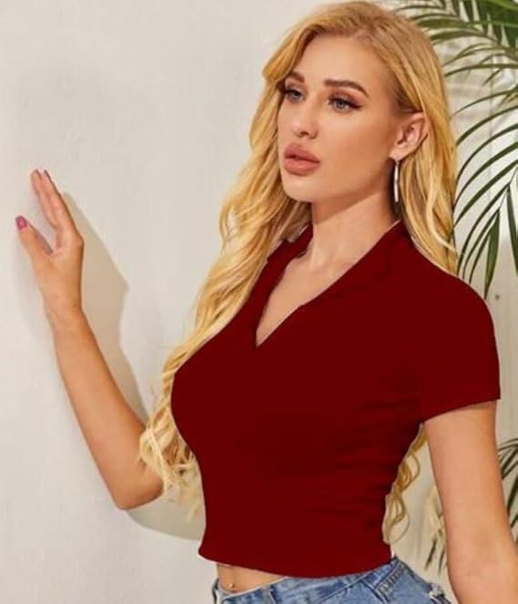 Women Collar V-Neck Maroon Crop Top - Image 3