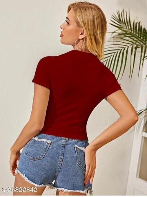 Women Collar V-Neck Maroon Crop Top - Image 2