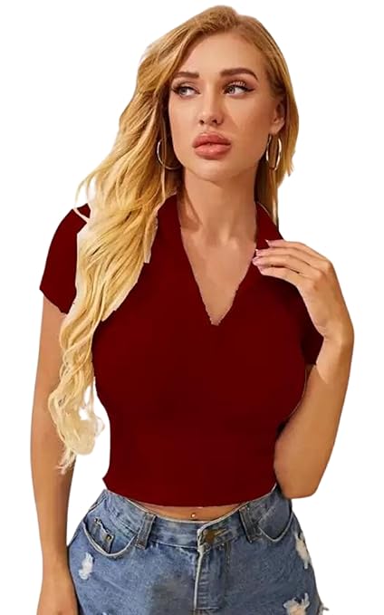 Women Collar V-Neck Maroon Crop Top