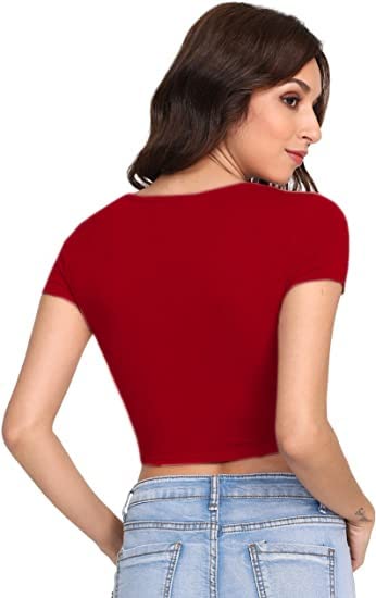 Women Round Neck Red Crop Top - Image 2