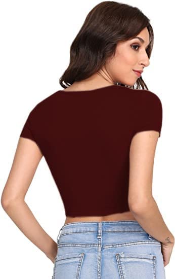Women Round Neck Maroon Crop Top - Image 3