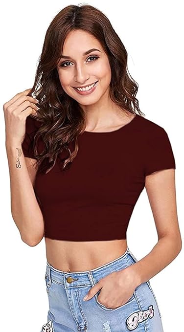 Women Round Neck Maroon Crop Top