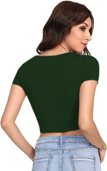 Women Round Neck Dark Green Crop Top - Image 3