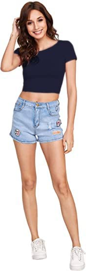 Women Round Neck Navy Blue Crop Top - Image 3