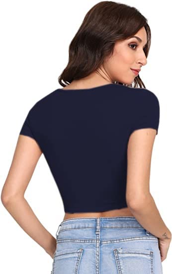 Women Round Neck Navy Blue Crop Top - Image 2