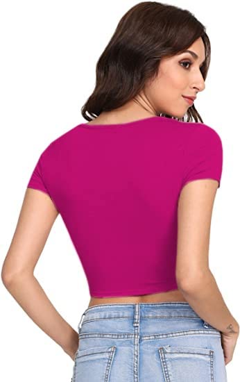 Women Round Neck Rani Pink Crop Top - Image 2