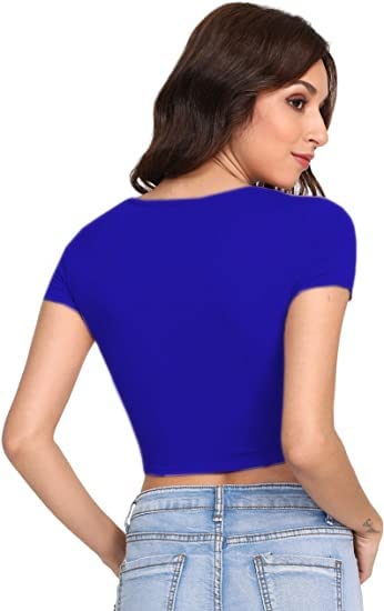 Women Round Neck Royal Blue Crop Top - Image 2