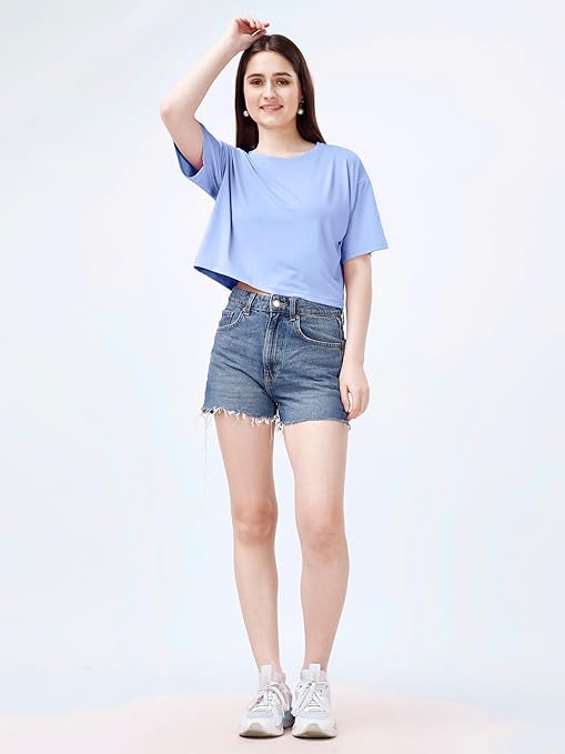 Women Oversized Sky Blue Crop Top - Image 3