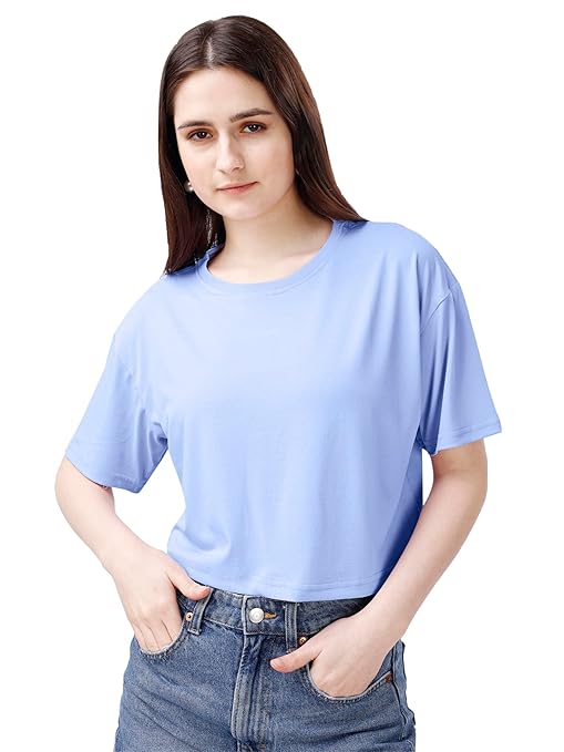 Women Oversized Sky Blue Crop Top