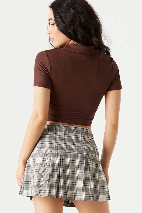 Women Ribbed Button Up Chocolate Crop Top - Image 2