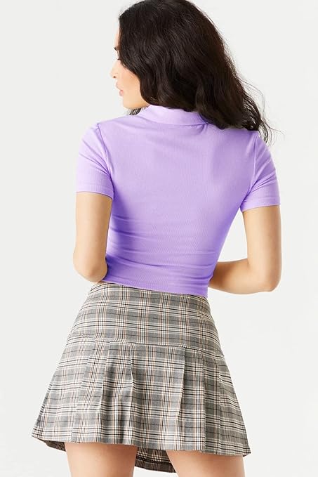 Women Ribbed Button Up Lavender Crop Top - Image 2