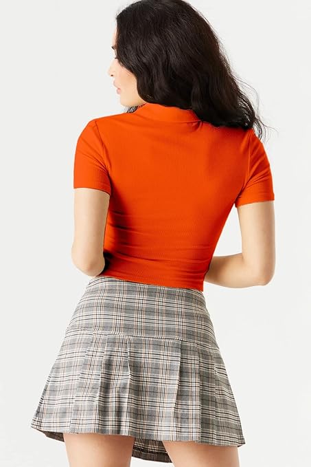 Women Ribbed Button Up Orange Crop Top - Image 2