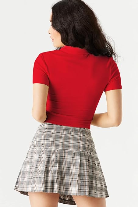 Women Ribbed Button Up Red Crop Top - Image 2