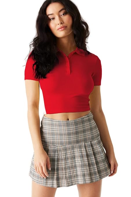Women Ribbed Button Up Red Crop Top