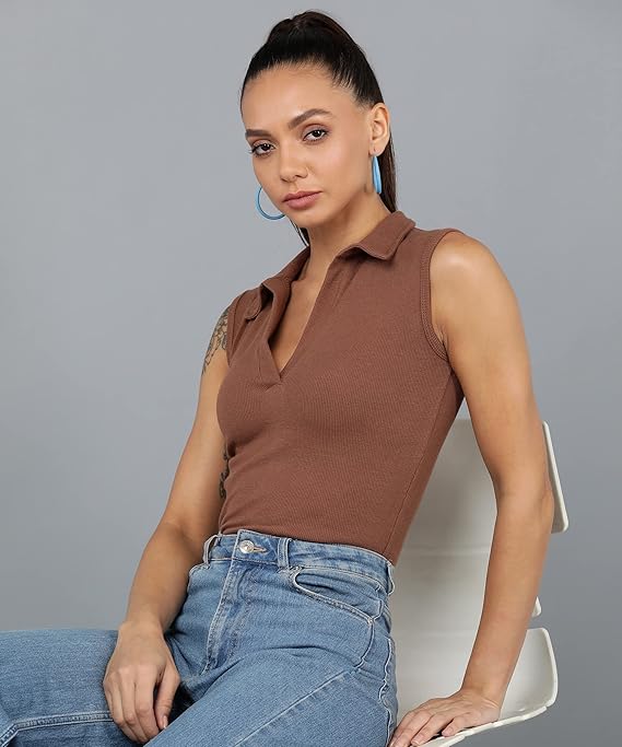 Women Collared Neck Brown Crop Top - Image 3