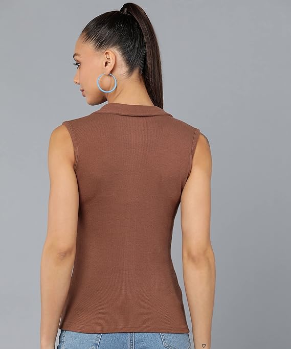 Women Collared Neck Brown Crop Top - Image 2
