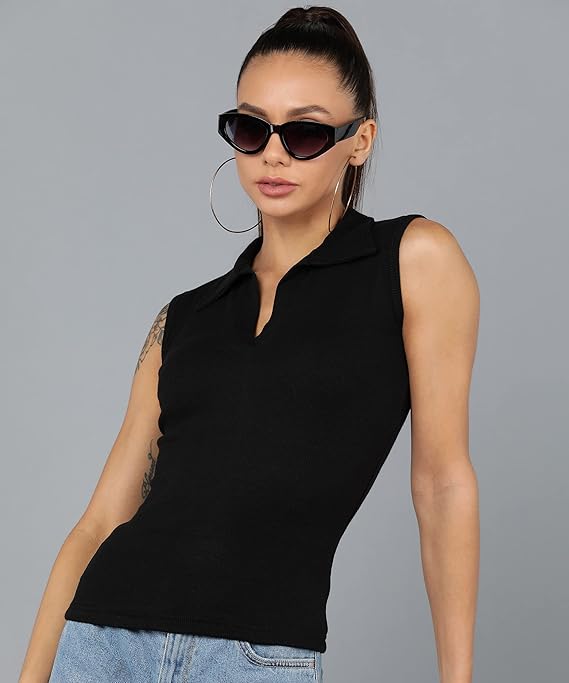 Women Collared Neck Black Crop Top - Image 3