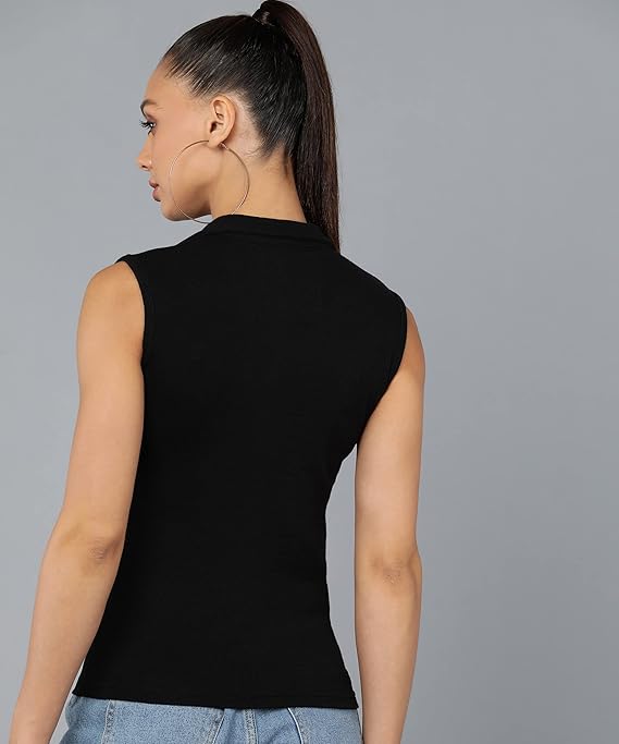 Women Collared Neck Black Crop Top - Image 2