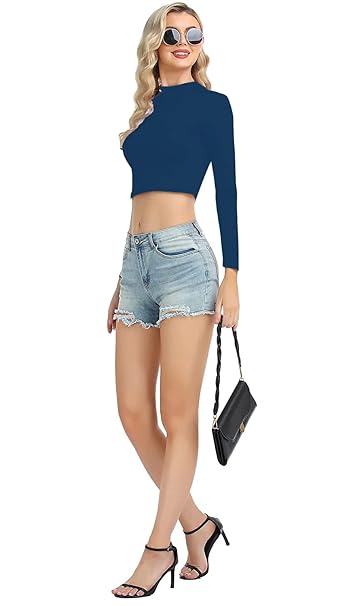 Women High Neck Dark Blue Crop Top - Image 3