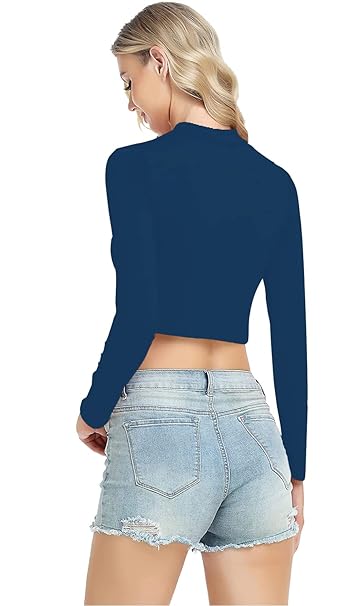 Women High Neck Dark Blue Crop Top - Image 2
