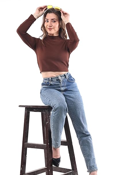 Women High Neck Coffee Brown Crop Top - Image 3
