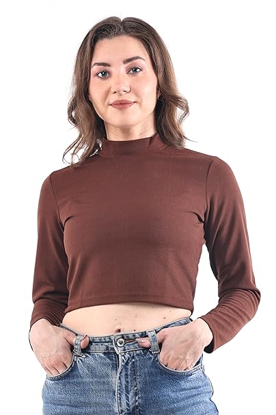 Women High Neck Coffee Brown Crop Top