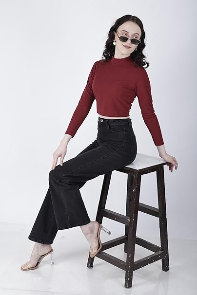 Women High Neck Maroon Crop Top - Image 3